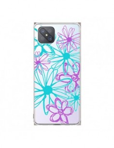 Coque Oppo Reno4 Z 5G Turquoise and Purple Flowers Fleurs...