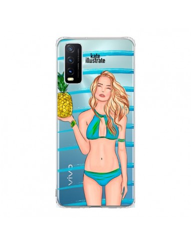 Coque Vivo Y20S Malibu Ananas Plage Ete Bleu Transparente - kateillustrate