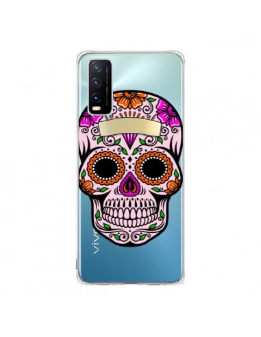 Coque Vivo Y20S Tête de Mort Mexicaine Noir Rose Transparente - Laetitia