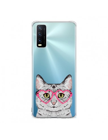 Coque Vivo Y20S Chat Gris Lunettes Coeurs Transparente - Pet Friendly