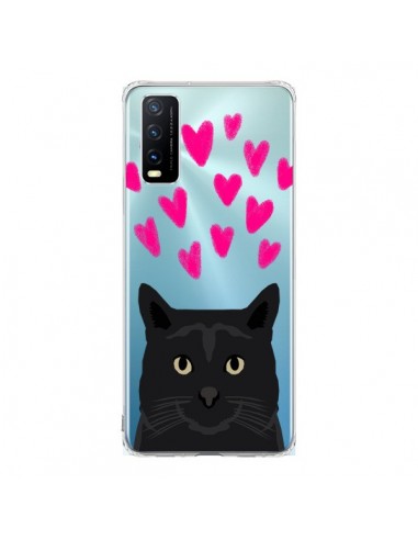 Coque Vivo Y20S Chat Noir Coeurs Transparente - Pet Friendly