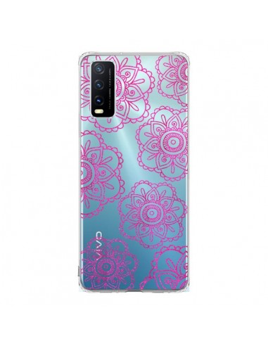 Coque Vivo Y20S Pink Doodle Flower Mandala Rose Fleur Transparente - Sylvia Cook