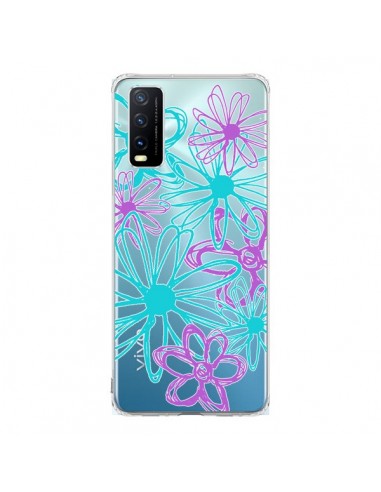 Coque Vivo Y20S Turquoise and Purple Flowers Fleurs Violettes Transparente - Sylvia Cook