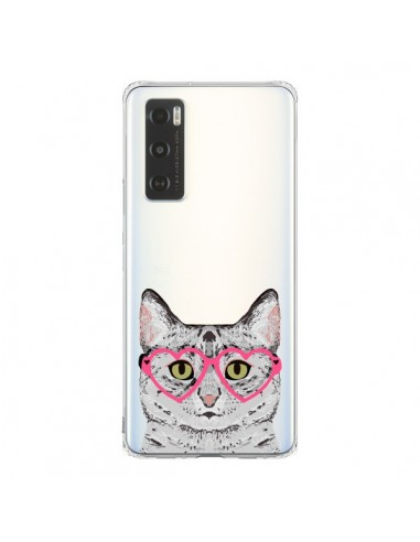 Coque Vivo Y70 Chat Gris Lunettes Coeurs Transparente - Pet Friendly