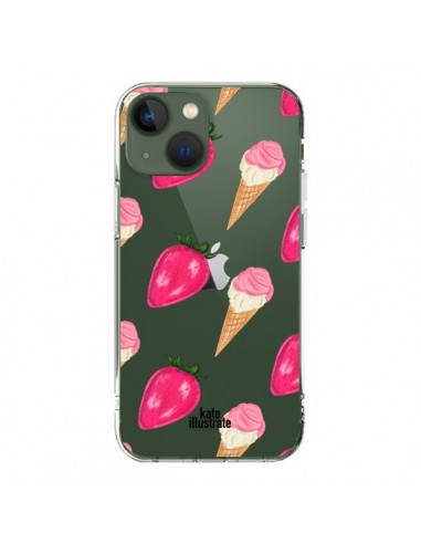 Coque iPhone 13 Strawberry Ice Cream Fraise Glace Transparente - kateillustrate
