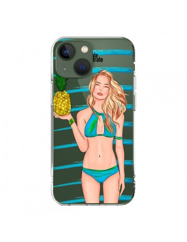 Coque iPhone 13 Malibu Ananas Plage Ete Bleu Transparente - kateillustrate