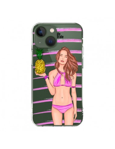 Cover iPhone 13 Malibu Ananas Spiaggia Estate Rosa Trasparente - kateillustrate