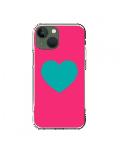 Coque iPhone 13 Coeur Bleu Fond Rose - Laetitia