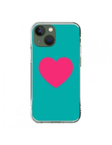 Coque iPhone 13 Coeur Rose Fond Bleu  - Laetitia