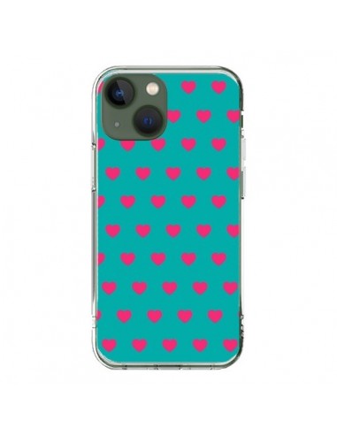 Coque iPhone 13 Coeurs Roses Fond Bleu - Laetitia