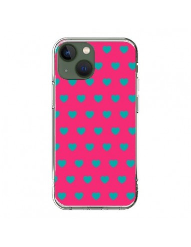 Coque iPhone 13 Coeurs Bleus Fond Rose - Laetitia