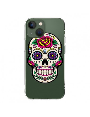 Coque iPhone 13 Tête de Mort Mexicaine Fleurs Transparente - Laetitia