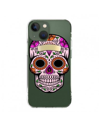 Coque iPhone 13 Tête de Mort Mexicaine Noir Rose Transparente - Laetitia