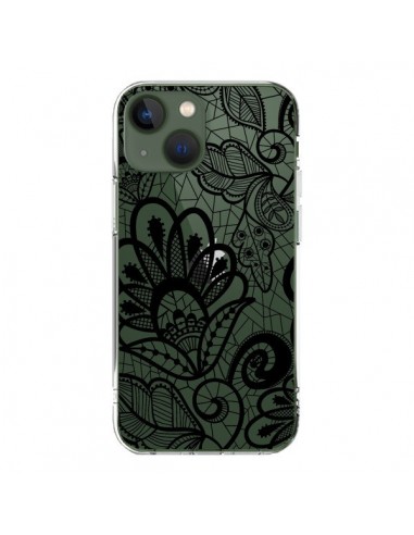 Coque iPhone 13 Lace Fleur Flower Noir Transparente - Petit Griffin