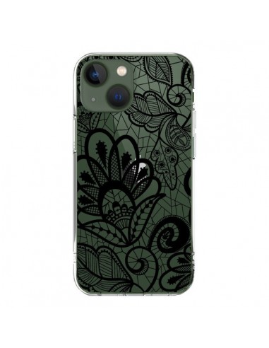 Cover iPhone 13 Pizzo Fiori Flower Nero Trasparente - Petit Griffin