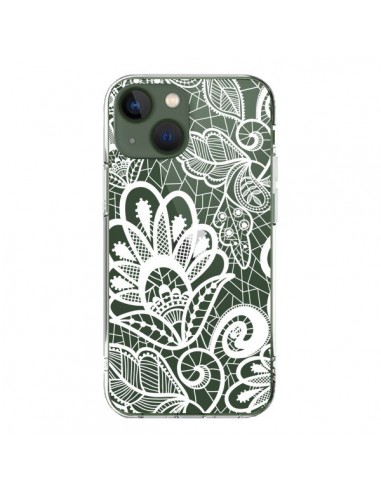 Cover iPhone 13 Pizzo Fiori Flower Bianco Trasparente - Petit Griffin