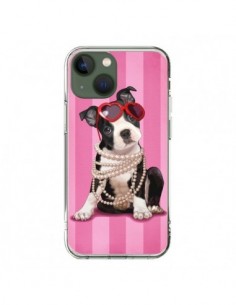 Cover iPhone 13 Cane Fashion Collana di Perle Occhiali...