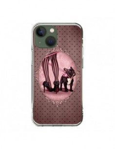 Coque iPhone 13 Lady Jambes Chien Dog Rose Pois Noir -...