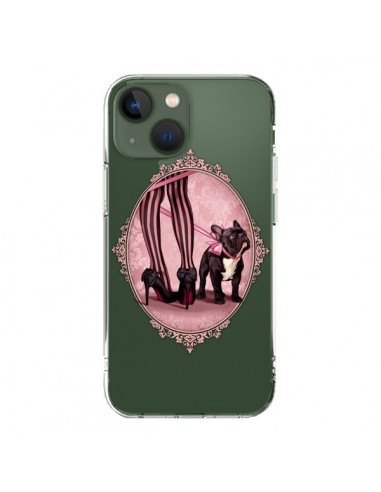Coque iPhone 13 Lady Jambes Chien Bulldog Dog Rose Pois Noir Transparente - Maryline Cazenave