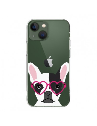 Coque iPhone 13 Bulldog Français Lunettes Coeurs Chien Transparente - Pet Friendly