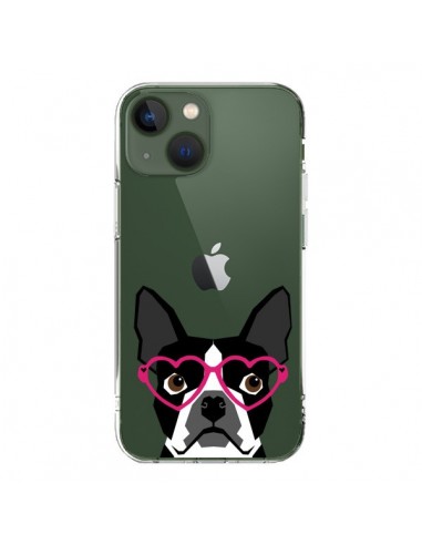 Coque iPhone 13 Boston Terrier Lunettes Coeurs Chien Transparente - Pet Friendly