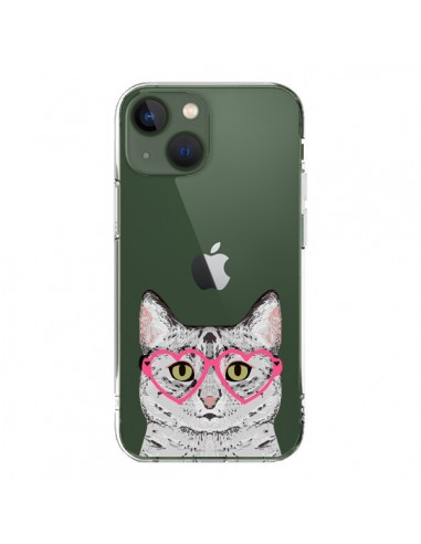 Coque iPhone 13 Chat Gris Lunettes Coeurs Transparente - Pet Friendly