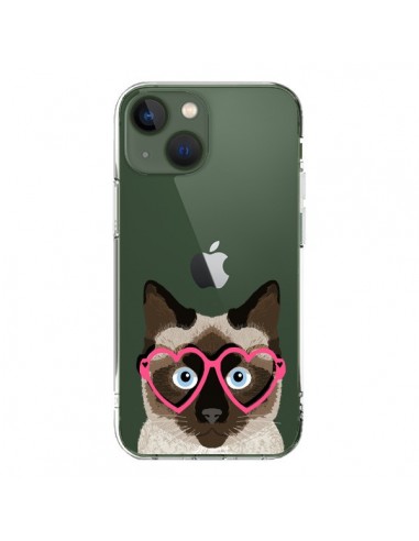 Coque iPhone 13 Chat Marron Lunettes Coeurs Transparente - Pet Friendly