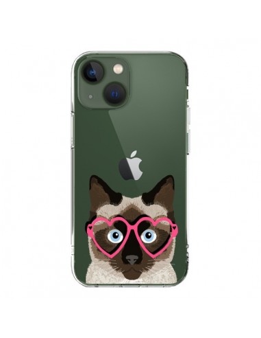 Cover iPhone 13 Gatto Marrone Occhiali Cuori Trasparente - Pet Friendly