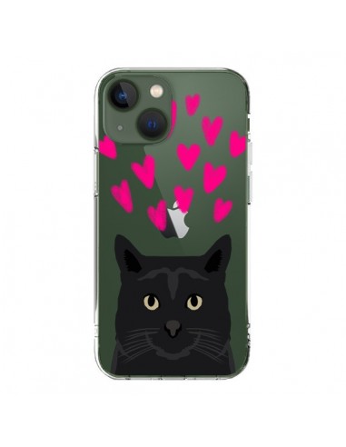 Coque iPhone 13 Chat Noir Coeurs Transparente - Pet Friendly