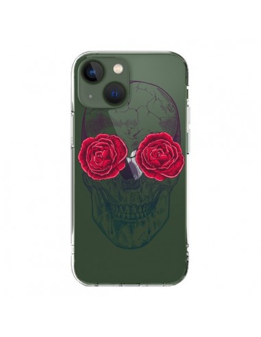 Coque iPhone 13 Tête de Mort Rose Fleurs Transparente - Rachel Caldwell