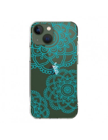 Coque iPhone 13 Mandala Bleu Aqua Doodle Flower Transparente - Sylvia Cook