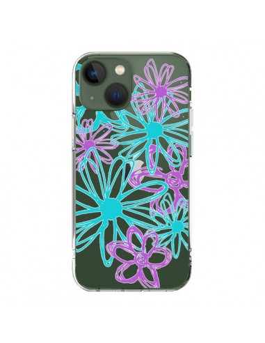 Coque iPhone 13 Turquoise and Purple Flowers Fleurs Violettes Transparente - Sylvia Cook