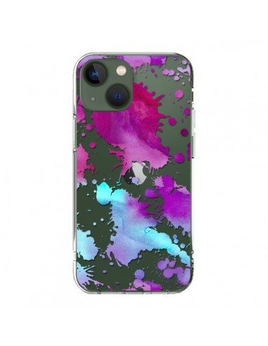 Coque iPhone 13 Watercolor Splash Taches Bleu Violet Transparente - Sylvia Cook