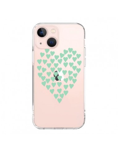 Coque iPhone 13 Mini Coeurs Heart Love Mint Bleu Vert Transparente - Project M