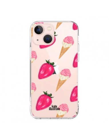 Coque iPhone 13 Mini Strawberry Ice Cream Fraise Glace Transparente - kateillustrate