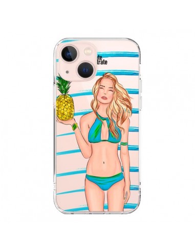 Cover iPhone 13 Mini Malibu Ananas Plage Ete Blu Trasparente - kateillustrate