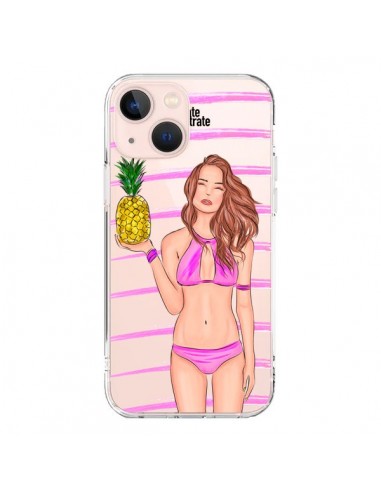 Coque iPhone 13 Mini Malibu Ananas Plage Ete Rose Transparente - kateillustrate