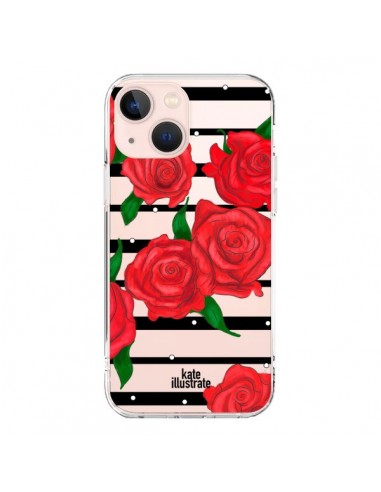 Coque iPhone 13 Mini Red Roses Rouge Fleurs Flowers Transparente - kateillustrate