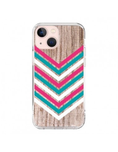 Coque iPhone 13 Mini Tribal Aztèque Bois Wood Flèche Rose Bleu - Laetitia