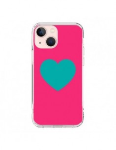 Coque iPhone 13 Mini Coeur Bleu Fond Rose - Laetitia