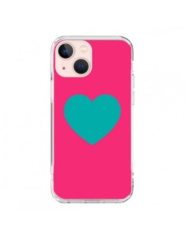 Coque iPhone 13 Mini Coeur Bleu Fond Rose - Laetitia