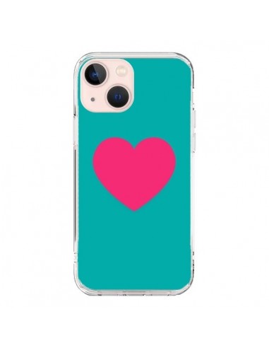 Coque iPhone 13 Mini Coeur Rose Fond Bleu  - Laetitia