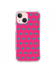 Coque iPhone 13 Mini Coeurs Bleus Fond Rose - Laetitia