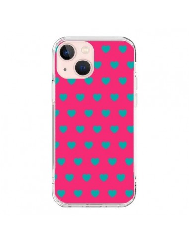 Coque iPhone 13 Mini Coeurs Bleus Fond Rose - Laetitia