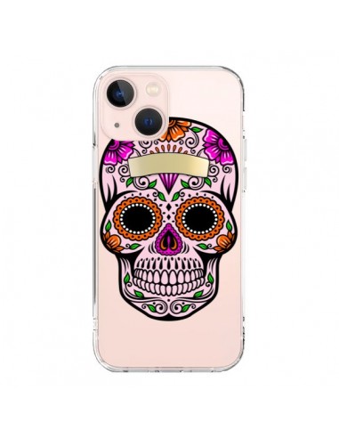 Coque iPhone 13 Mini Tête de Mort Mexicaine Noir Rose Transparente - Laetitia