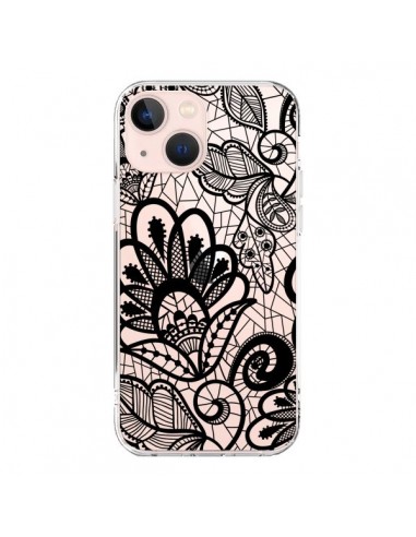 Coque iPhone 13 Mini Lace Fleur Flower Noir Transparente - Petit Griffin