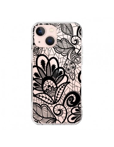 Cover iPhone 13 Mini Pizzo Fiori Flower Nero Trasparente - Petit Griffin