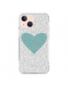 Coque iPhone 13 Mini Coeur Bleu Vert Argent Love - Mary...