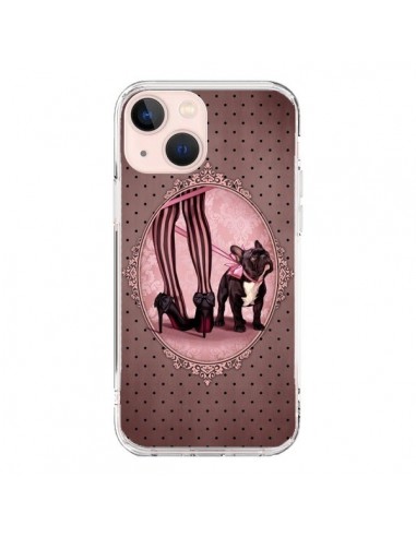 Coque iPhone 13 Mini Lady Jambes Chien Dog Rose Pois Noir - Maryline Cazenave