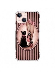 Coque iPhone 13 Mini Lady Chat Noeud Papillon Pois...